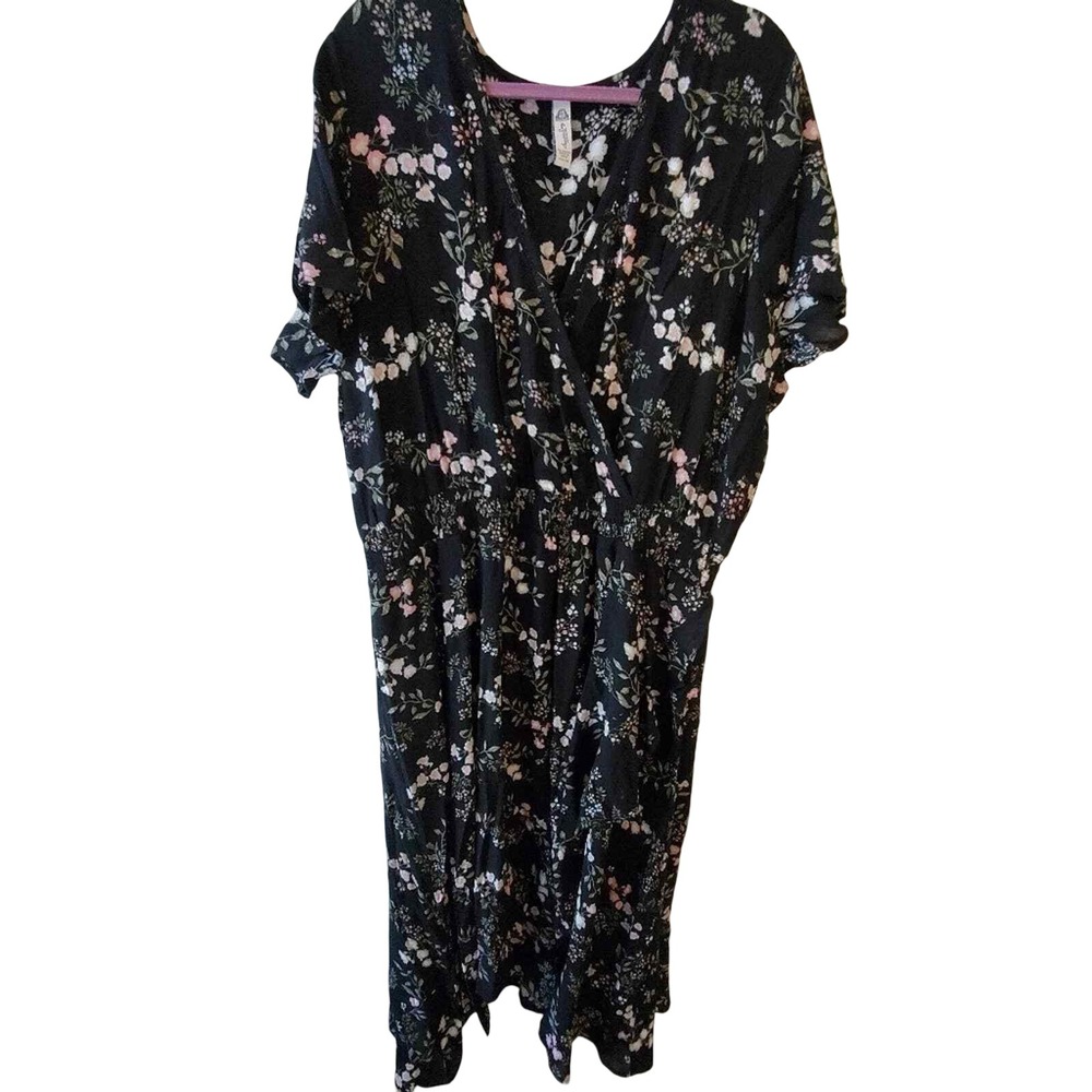 American Rag Womens 2X Black Floral Maxi Dress Smocked Waist High Low Ruffle Hem